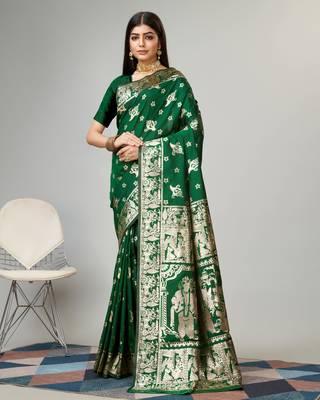 Green Woven Baluchari Silk Temple Border Saree With Blouse 1