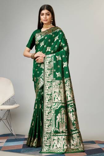 Green Woven Baluchari Silk Temple Border Saree With Blouse