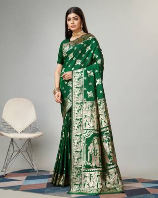 Green Woven Baluchari Silk Temple Border Saree With Blouse 3