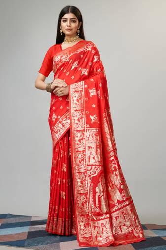 Red Woven Baluchari Silk Temple Border Saree With Blouse