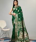 Green Woven Bengal'S Baluchari Silk  Saree With Blouse