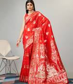 Red Woven Bengal'S Baluchari Silk  Saree With Blouse