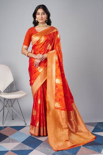 Orange kanjivaram silk woven saree with zari border with blouse