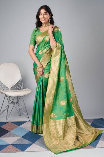 Light green Faux kanjivaram silk woven saree with zari border with blouse