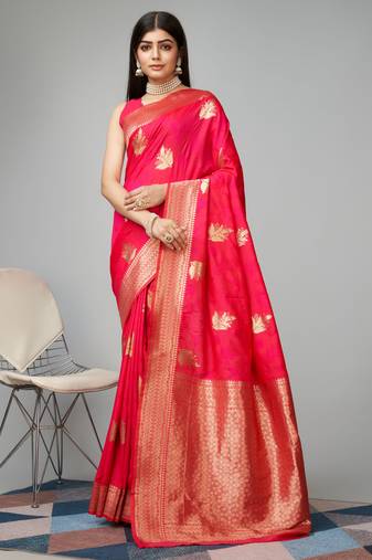 Rani pink Faux kanjivaram silk woven saree with zari border with blouse