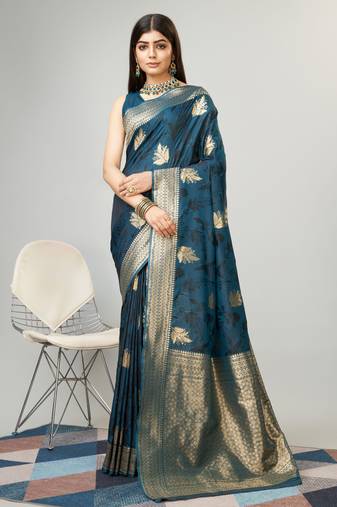 Dark blue Faux kanjivaram silk woven saree with zari border with blouse
