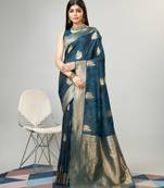 Dark blue Faux kanjivaram silk woven saree with zari border with blouse