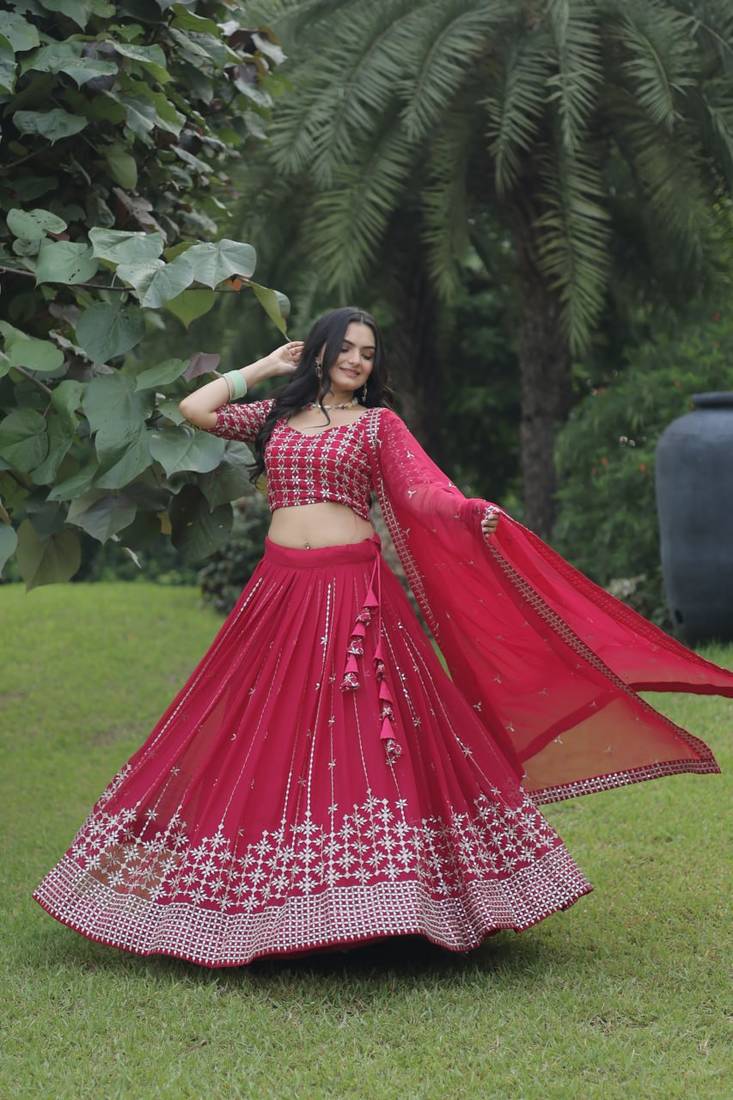 EILARA WOMEN'S PINK Faux Blooming WITH SEQUINS AND ZARI EMBROIDERY WORK DESIGNER LEHENGA CHOLI