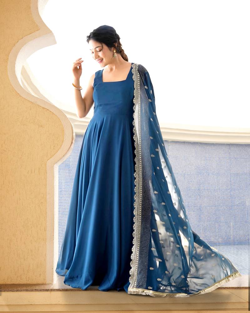 Trendmalls Morpeach Georgette Plain Stitched Gown Kurti with Fancy