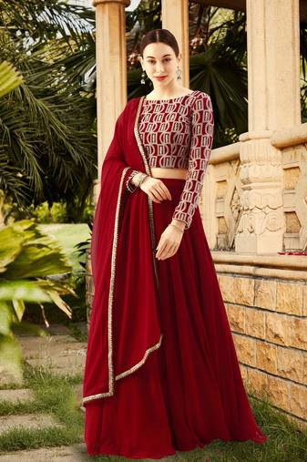    Red Sequins Embroidered Georgette Wedding, Floral, Party Wear, Casual, Lehenga Choli with Dupatta