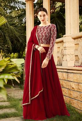 red embroidered lehenga choli with dupatta for women 1