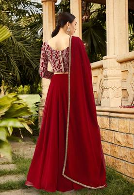 red embroidered lehenga choli with dupatta for women 2