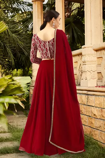 red embroidered lehenga choli with dupatta for women