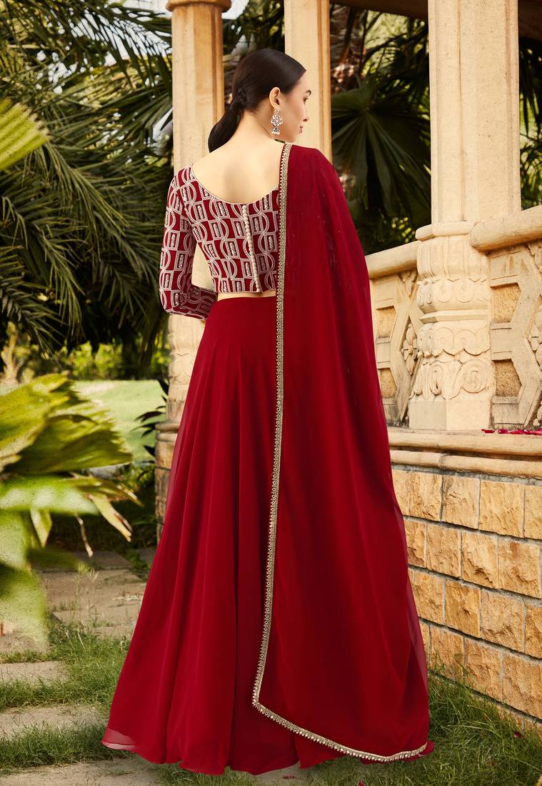    Red Sequins Embroidered Georgette Wedding, Floral, Party Wear, Casual, Lehenga Choli with Dupatta