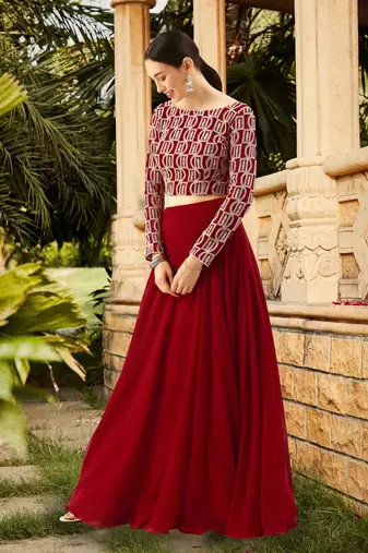 red embroidered lehenga choli with dupatta for women