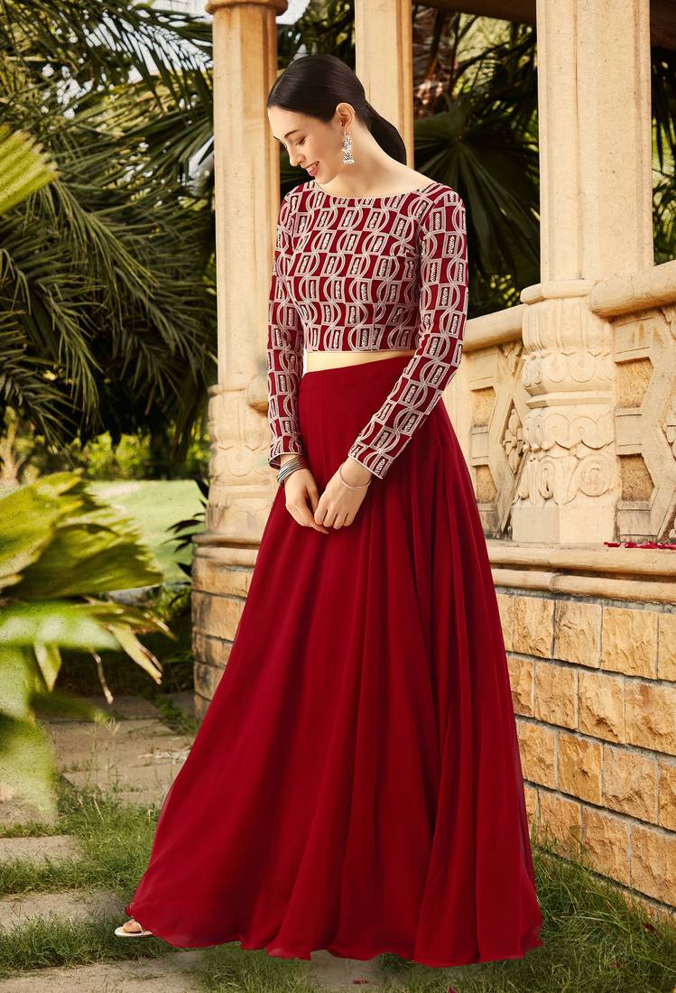    Red Sequins Embroidered Georgette Wedding, Floral, Party Wear, Casual, Lehenga Choli with Dupatta