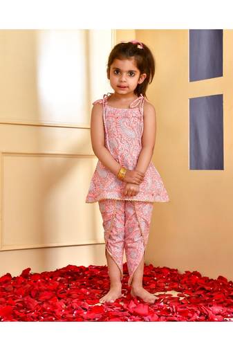 Peach block print kurta dhoti set