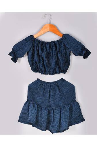 Blue pleated crop top and skirt
