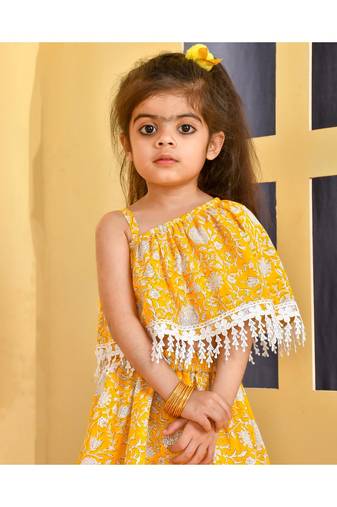 Yellow block print skirt and crop top set