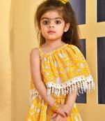 Yellow block print skirt and crop top set