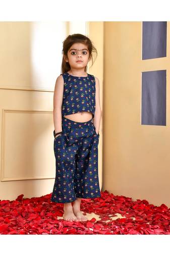 Blue block print top and trouser set