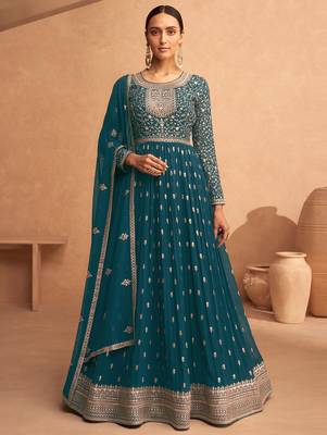 Teal Blue Georgette Zari Embroidered Anarkali Suit 1