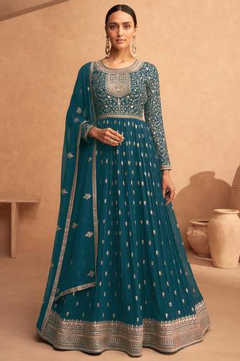 Teal Blue Georgette Zari Embroidered Anarkali Suit