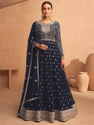 Navy Blue Georgette Zari Embroidered Anarkali Suit 1