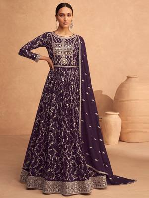 Wedding Wear Embroidered Dark Purple Georgette Anarkali Suit 1