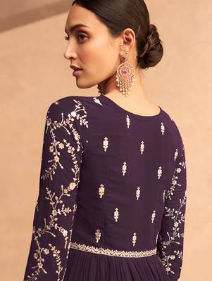 Wedding Wear Embroidered Dark Purple Georgette Anarkali Suit 2