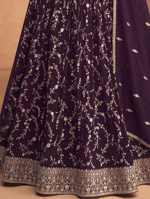Wedding Wear Embroidered Dark Purple Georgette Anarkali Suit 3