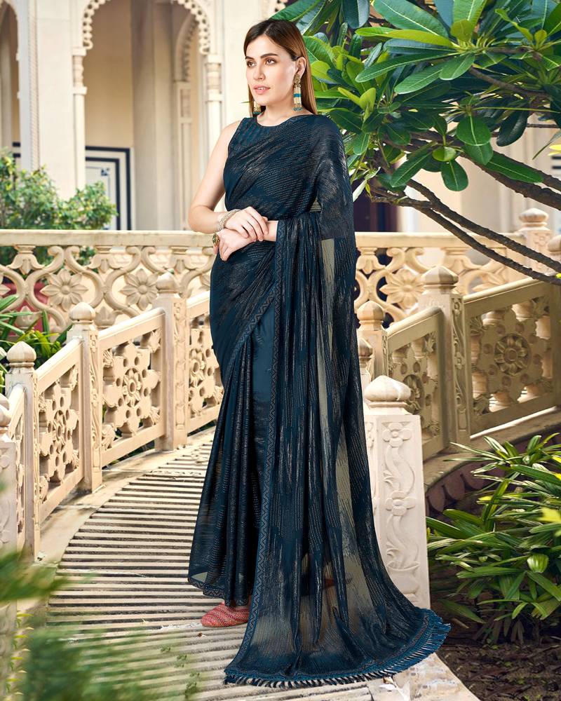 Trendmalls Teal Morpeach Satin Hand Woven Saree Bollywood Style Saree