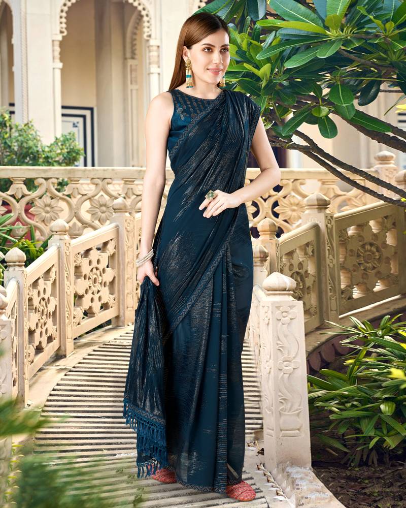 Trendmalls Teal Morpeach Satin Hand Woven Saree Bollywood Style Saree