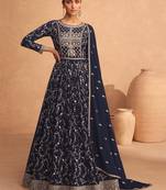 Navy Blue Wedding Wear Embroidered Georgette Abaya Style Anarkali Suit