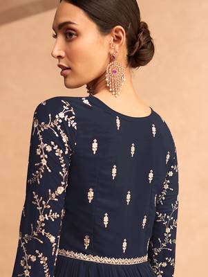 Navy Blue Wedding Wear Embroidered Georgette Abaya Style Anarkali Suit 2