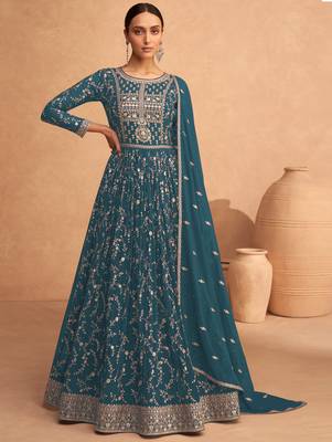 Eid Collection Embroidered Teal Blue Georgette Abaya Style Anarkali Suit 1