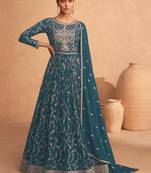 Eid Collection Embroidered Teal Blue Georgette Abaya Style Anarkali Suit