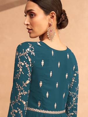 Eid Collection Embroidered Teal Blue Georgette Abaya Style Anarkali Suit 2