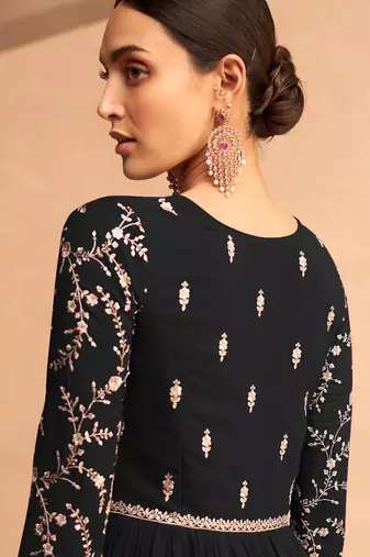 Eid Collection Black Embroidered Georgette Abaya Style Anarkali Suit