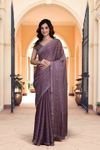 Light Purple Satin Silk Swarovski Work Saree With Blouse