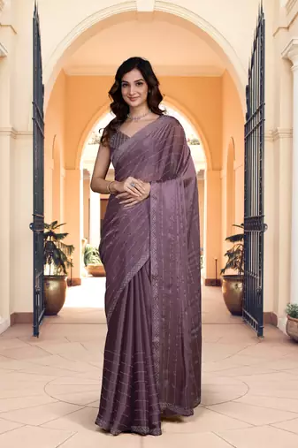 Light Purple Satin Silk Swarovski Work Saree With Blouse