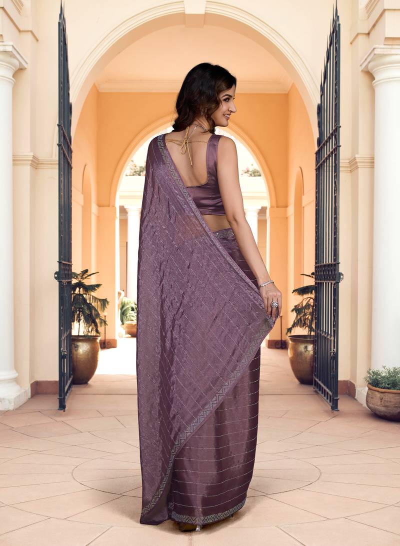Light Purple Satin Silk Swarovski Work Saree With Blouse