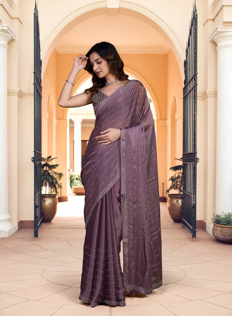 Light Purple Satin Silk Swarovski Work Saree With Blouse