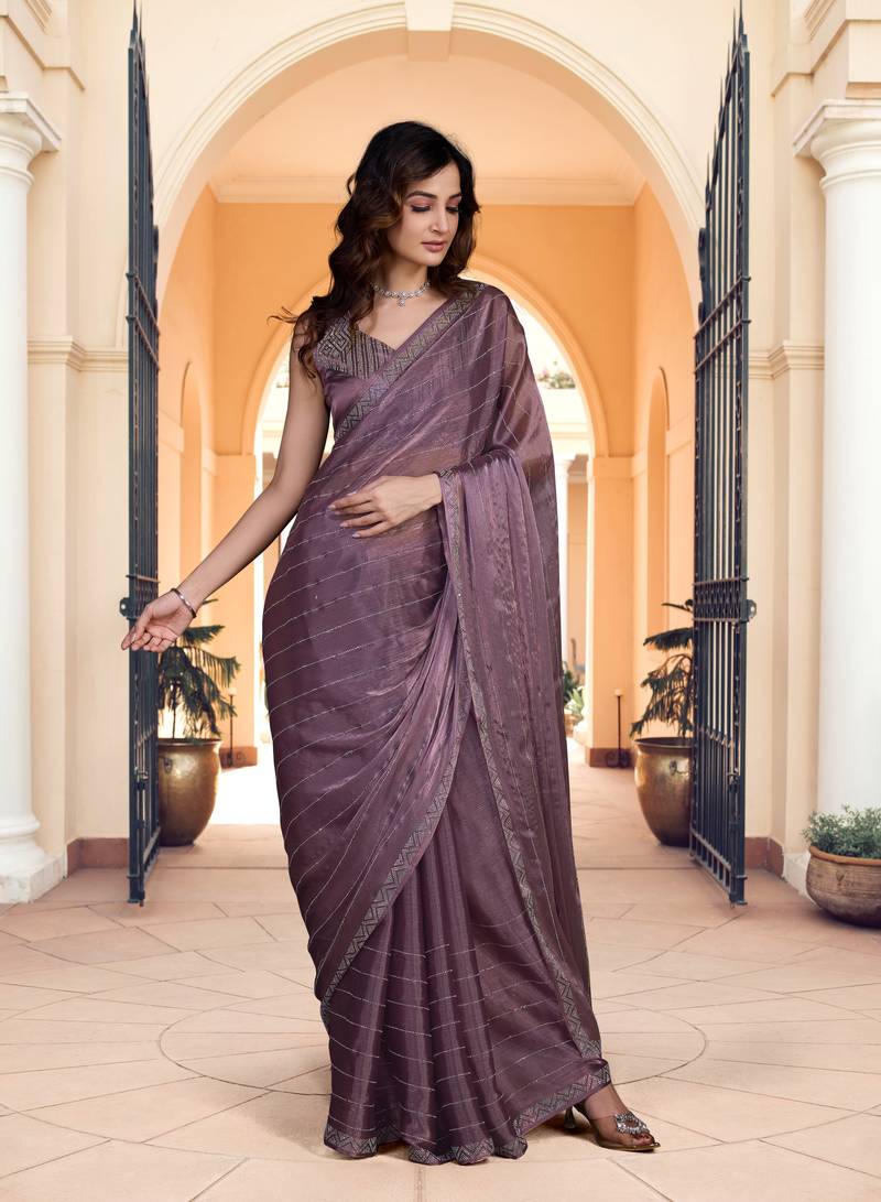 Light Purple Satin Silk Swarovski Work Saree With Blouse