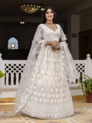 Trendmalls Women's White Beautiful Thred Sequence Work Lehenga Choli for women Designer, NewBridal, Bollywood Free Size 1