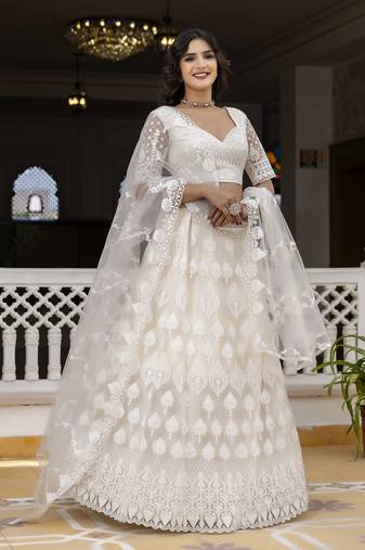 Women's White Beautiful Thred Sequence Work Lehenga Choli for women Designer, NewBridal, Bollywood Free Size