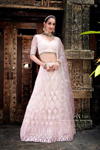 TRENDMALLS Women's White Beautiful Thred Sequence Work Lehenga Choli for women Designer, NewBridal, Bollywood Free Size