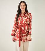 Red baroque print shirt with belt