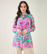 Pink and green marine wave print shirt