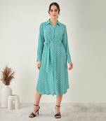 Turquoise and white geometric print shirt dress with belt